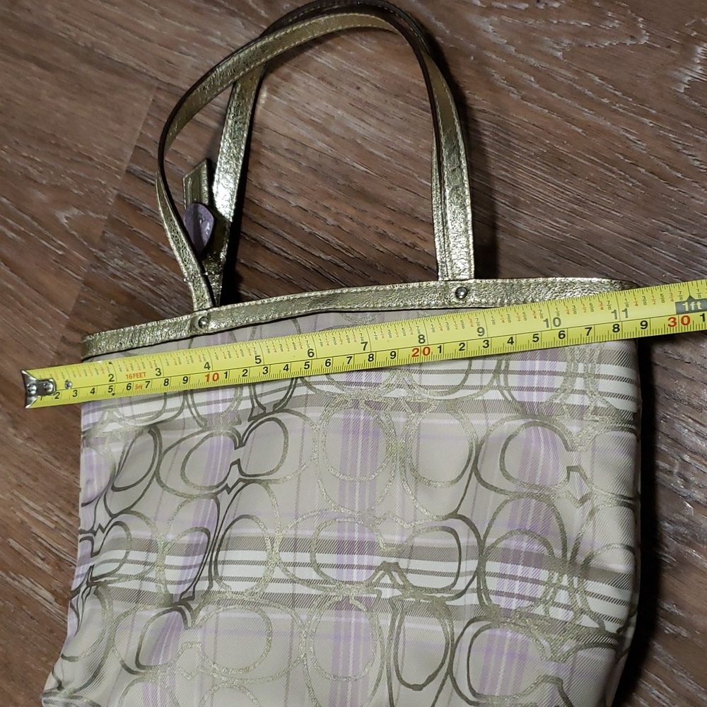 COACH Metallic Gold Plaid Monogram Logo Mini Handbag Luxury Formal Occassion - Picture 7 of 11
